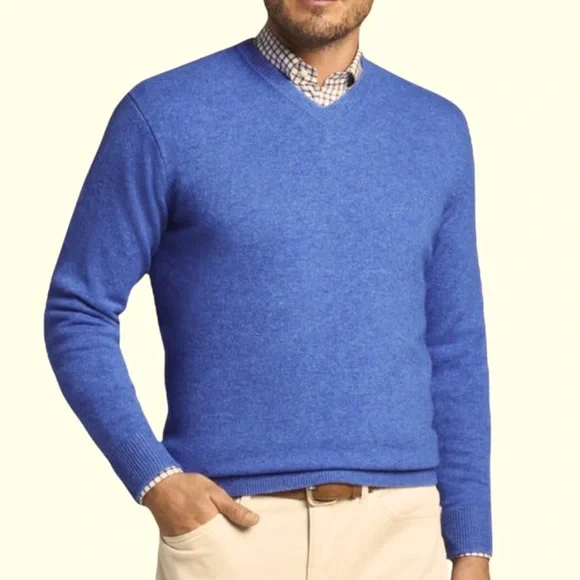 NWOT $580 Peter Millar Men Blue 100% Cashmere V neck Sweater Made in Italy L
